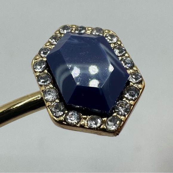 Gold Tone Blue Lucite Crystal Halo Cuff Bracelet Open Flexible Bangle - Picture 3 of 8